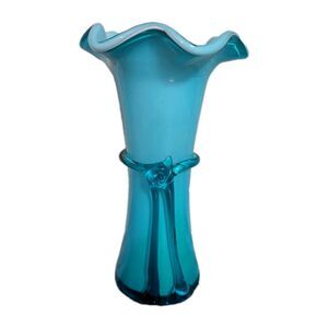 Vintage Turquoise Blue Cased Overlay Wheat Vase Ruffled Ribbon Handblown Glass